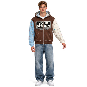 Sweat à capuche zippé épais pour homme, style streetwear, délavé, colorblock, broderie, coton, décontracté, mode urbaine - Product Image 2