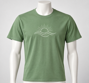 T-shirt vert à col rond et manches courtes avec motif soleil et vagues, design unisexe pour usage promotionnel - Product Image 1