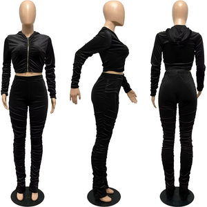 Women <b>Black</b> <b>Velvet</b> Hooded <b>Crop</b> <b>Top</b> Tracksuit Full Length Pants Casual Autumn Wear Four-Way Stretch Skinny Fit - Product Image 1