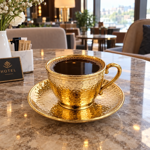 ชุดถ้วยชาทองเหลืองขัดเงาตอกลายด้วยมือ พร้อมจานรอง สำหรับกาแฟเอสเปรสโซแบบตุรกี กาแฟอาหรับ เหมาะสำหรับโรงแรม ร้านอาหาร ขายส่ง - Product Image 3