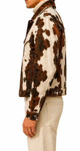 brown and white hair-on cowhide <b>western</b>-style trucker <b>jacket</b> - Product Image 4