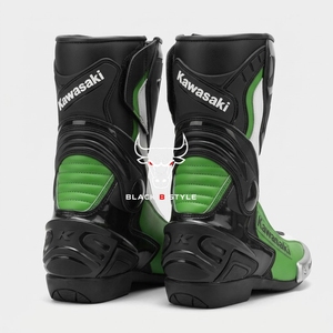 Bottes de course pour moto Kawasaki, cuir vert et blanc, chaussures de sport à blocs de couleur - Product Image 6
