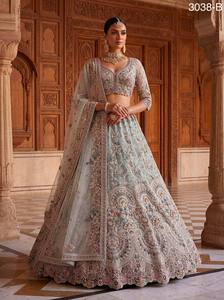 Elegant Light Blue Organza Traditional Bridesmaid <b>Lehenga</b> Beaded Embroidery V-Neck Crop Top Three Quarter Sleeve A-Line - Product Image 5