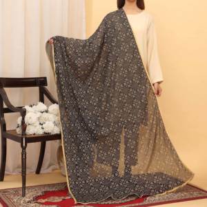 Mousseline de soie sérigraphiée noire Dupatta PD5385 pour robes de cocktail - Product Image 1