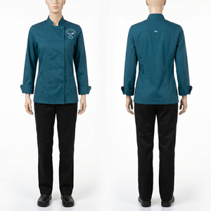 Uniforme de chef pour femme, 240 GSM, polycoton, bleu royal, avec passepoil contrastant, design à panneaux sur mesure, broderie personnalisée, logo tissé - Product Image 3