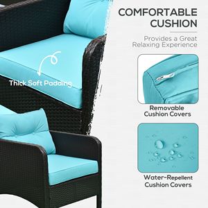 Set da 5 Pezzi per Esterni: Divano Lounge in Rattan con Tavolino da Caffè in Vetro Temperato, Sedie Imbottite e Pouf per Uso Esterno - Product Image 5