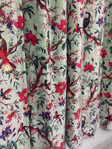 Sage Green Velvet <b>Curtain</b>: Bird Print Boho Drapes, Custom Size Vintage Style Cotton Velvet Luxury <b>Curtain</b> - Product Image 3