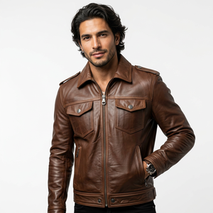 Veste en cuir marron pour homme, style motard, col rabattu, fermeture éclair, pour l'automne - Product Image 4