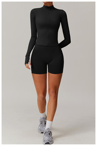 Ensemble de yoga 3 pièces bleu : haut court à col roulé, leggings taille haute, longueur intégrale, sans couture, avec fermeture éclair, respirant, en Spandex et Polyester - Product Image 6