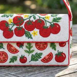 Red Tomato Beaded Handbag - White, Green, and Yellow Fruit Pattern Purse - Whimsical Cottagecore Vegetable Shoulder Bag - Handcr - Product Image 1