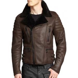 Veste en cuir d'agneau marron pour homme, style Cafe Racer, avec fourrure noire en shearling - Product Image 1