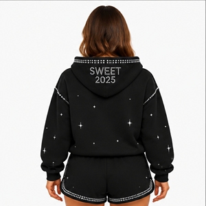 <b>Women's</b> <b>Black</b> <b>Fleece</b> 2 Piece Shorts Set Hooded Full Sleeve Loose Fit Rhinestone Sweet 2025 Print All Seasons Casual Wear - Product Image 2