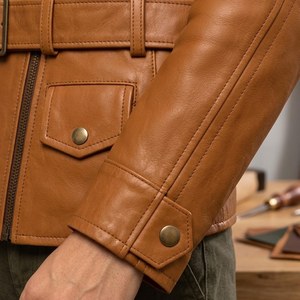 Chaqueta de Motociclista de Cuero Genuino para Hombre, Cuello Camisero, Cierre de Cremallera, Bolsillos con Cinturón, Ropa de Abrigo para Otoño e Invierno, Color Sólido, Corte Regular - Product Image 6