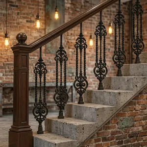 Panneau de rampe d'escalier en fer forgé orné, décorations en volutes, meneaux et balustres métalliques décoratifs pour rénovation d'escalier intérieur - Product Image 5