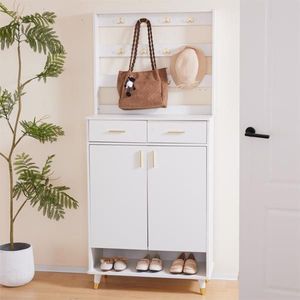 White Entryway Bedroom Armoire with Hanging Rod Shoe Cabinet and Wardrobe Closet Drawers Shelves Handles Clothes Organiser - Product Image 1