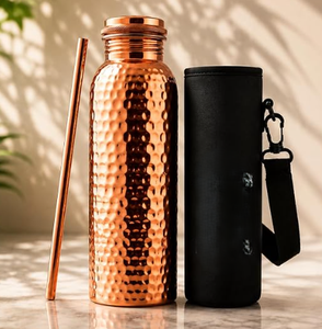 Hammered <b>Rose</b> Gold <b>Pure</b> Copper Bottle With Straw & Bag Portable Travel Drinkware Traditional Design - Product Image 1