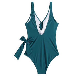 Women's Teal One Piece Swimsuit Sleeveless High Waist Criss-Cross Bow Solid Color Quick Dry Swimwear Summer Spaghetti Strap - Product Image 2