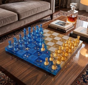 Échiquier en résine de luxe fait main, design personnalisé, jeu d'échecs, boîte à échecs, pièces de jeu, idéal pour un cadeau. - Product Image 1