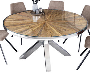 Table de salle à manger de luxe moderne pour villa, maison, cuisine ou restaurant, avec plateau en bois recyclé, forme ronde, pieds en acier inoxydable en forme d'araignée et plateau en verre - Product Image 2