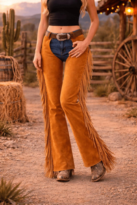 Chaps Vaqueros de Cuero Genuino Transpirables para Mujer, de Tiro Medio y Ajuste Delgado con Flecos y Cierre de Cremallera, Logotipo y Color Personalizables para Entrenamiento - Product Image 3