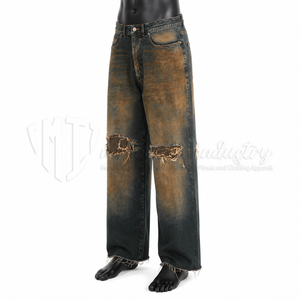 Jeans Homme Personnalisés Noir Brun Délavé Coupe Large Taille Mi-Haute Denim Épais Effet Usé et Déchiré Vintage Streetwear Vente en Gros - Product Image 3