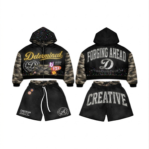 Premium GSM Cotton Fleece Acid Wash Hoodie <b>Short</b> Set Chenille <b>Patch</b> Puff Print Hoodie <b>Short</b> Set <b>men's</b> - Product Image 2