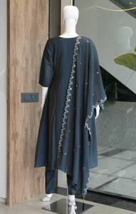 Ensemble Anarkali brodé bleu sarcelle avec dupatta, tenue traditionnelle longue pour femme, style décontracté Inde Pakistan, en coton - Product Image 5