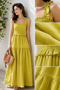 Summer <b>Ruffle</b> Smocked Long Maxi <b>Dress</b> Women Formal Sleeveless Boho Beach Sundress Elegant Party Holiday Modern 100% Cotton - Product Image 6