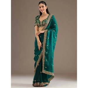 Charming Green Zari Embroidered Silk Reception <b>Saree</b> with Blouse for Women - Product Image 3