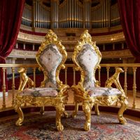 Chaise Trône Baroque de Luxe Dorée avec Accoudoir Sculpté en Forme de Chien, Tissu Haut de Gamme, Rembourrée, Durable, Écologique, pour Mariage et Repas en Extérieur