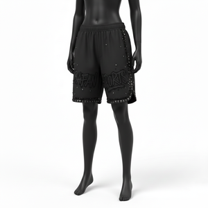 Shorts de baño para mujer premium, 220 GSM, poliéster y spandex, secado rápido, paneles laterales de malla negra, logo con pedrería. - Product Image 4