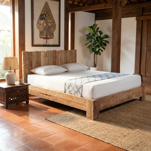 Solid Wood <b>Bed</b> <b>Frame</b> Rustic Log Slat Headboard <b>Queen</b> <b>Size</b> Natural Teak Style Wooden Platform <b>Bed</b> Bedroom Set Home Furniture - Product Image 2