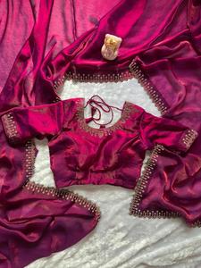 Wholesale Luxury <b>Wine</b> Purple Organza Saree Fine Embroidery Border Indian Pakistani Wedding Party Wear Sari Elegant Silk Blouse - Product Image 5
