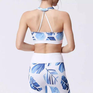Ensemble de yoga imprimé feuilles bleues, legging taille haute et crop top, 2 pièces, en Spandex et Polyester, respirant, dos nageur, sans couture - Product Image 6