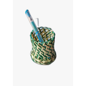 Palm Leave <b>Pen</b> Stand Handmade Rattan Woven Storage Basket Irregular Shape <b>Green</b> Beige Office Desk Organizer Indoor Rustic Decor - Product Image 1