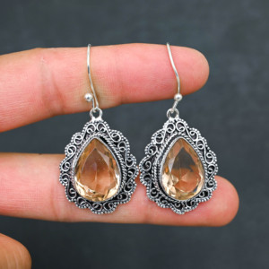 Boucles d'oreilles personnalisées en Morganite créée en laboratoire, en argent sterling 925, 1,9 pouces, bijoux en pierres précieuses faits à la main, boucles d'oreilles fines antiques, cadeau pour femmes - Product Image 4