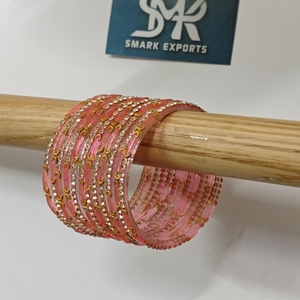 Luxury Peach Pink Stone Studded <b>Glass</b> <b>Bangles</b> Set Handmade Traditional Indian Bridal Wedding Jewelry for Women - Product Image 3