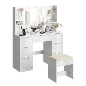 Toeletta Trucco con 7 Cassetti e 4 Ripiani, Finitura Melaminica Bianca, 10 Lampadine a LED, Set Tavolo da Trucco - Product Image 3