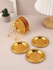 Golden <b>Round</b> Shape Solid Brass Coaster Set Non-Slip <b>Mats</b> & Pads Oriental Design Irregular Form <b>Table</b> Decoration - Product Image 6