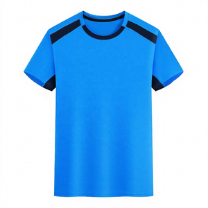 T-shirt sportif à manches courtes bleu pour homme, coupe régulière, col rond, tricoté en polyester, couleur unie - Product Image 1
