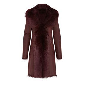Burgundy Color Women's Toscana Sheepskin <b>Hooded</b> Trench <b>Jacket</b> Lightweight Polyester Lined Luxury Winter Leather Wear - Product Image 1