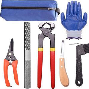 Kit de herramientas para el cuidado de pezuñas de caballo con lima, alicates, cuchillo, cepillo y guantes para uso de herradores, de acero inoxidable, color sólido. - Product Image 1