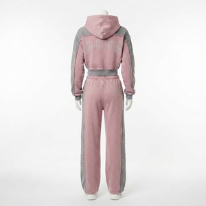 Conjunto de Sudadera Corta con Cremallera y Pantalones Jogger de Pierna Ancha para Mujer, con Bloques de Color y Detalles de Pedrería, Estilo Urbano - Product Image 4