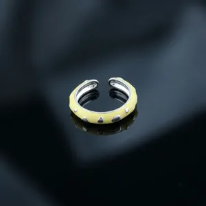 Yellow Color Enamel Heart Shape <b>Rings</b> 18k Silver Plated Brass <b>Adjustable</b> Statement Minimalist Trendy Style Women Fashion Jewelry - Product Image 2