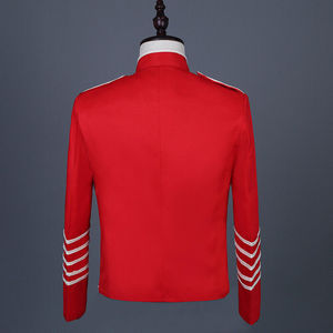 Red <b>Men's</b> Summer Hussar Style <b>Jacket</b> Stand Collar Full Sleeve Button Closure <b>Letter</b> Pattern Regular Fit Adult Size 100% Cotton - Product Image 3