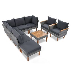 Set di Mobili da Esterno in Rattan a 9 Pezzi con Gambe in Legno di Acacia e Piano in PE Rattan, Vecchio SKU FF201208AAE - Product Image 4