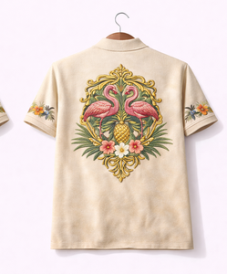 Men’s <b>Tropical</b> Flamingo Polo <b>Shirt</b> – Vintage Pineapple Crest Casual Polo Tee - Product Image 2