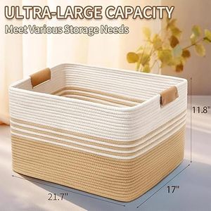 Customised Handwoven Storage <b>Baskets</b> <b>Large</b> Blanket <b>Basket</b> Living Room with Leather Handles, <b>Baskets</b> for Organizing - Product Image 2