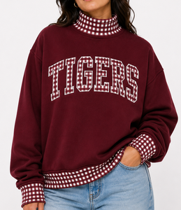 Pull-over décontracté surdimensionné en coton personnalisé à col roulé et épaules tombantes pour femme, motif gingham et pois, vente en gros - Product Image 6