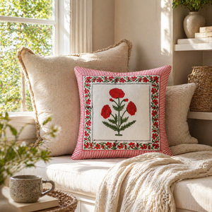 Artisan Red Flower Cotton Cushion Cover Hand Block Style <b>Square</b> <b>Pillow</b> Cover for Living Room Styling - Product Image 1